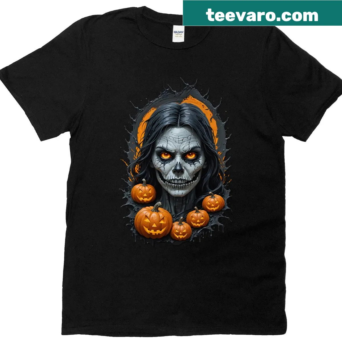 Cartoon T-shirt featuring a pumpkin and a demon for Halloween — on a men's t-shirt