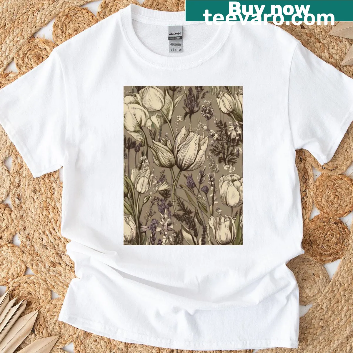 Hand inked tulips and wildflowers illustration on a t-shirt — on a men's t-shirt