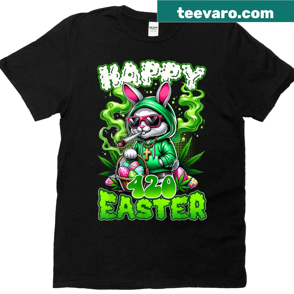 Funny Easter Bunny T-shirt with a cannabis theme for 420 — on a men's t-shirt