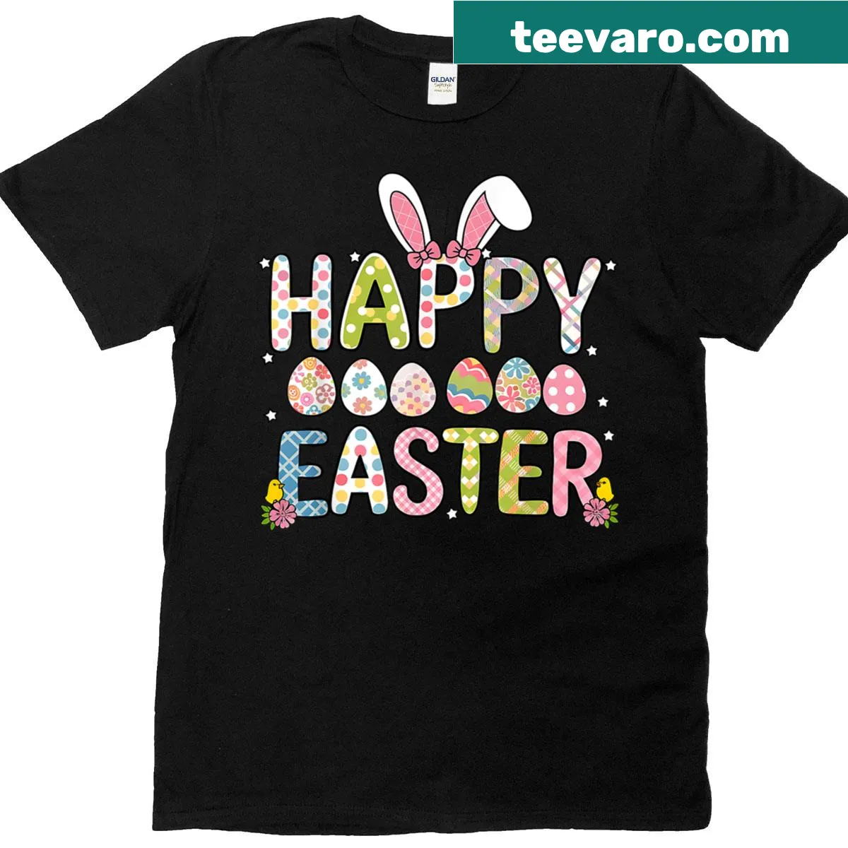 Cute bunny with floral bow graphic on Easter T-shirt — on a men's t-shirt