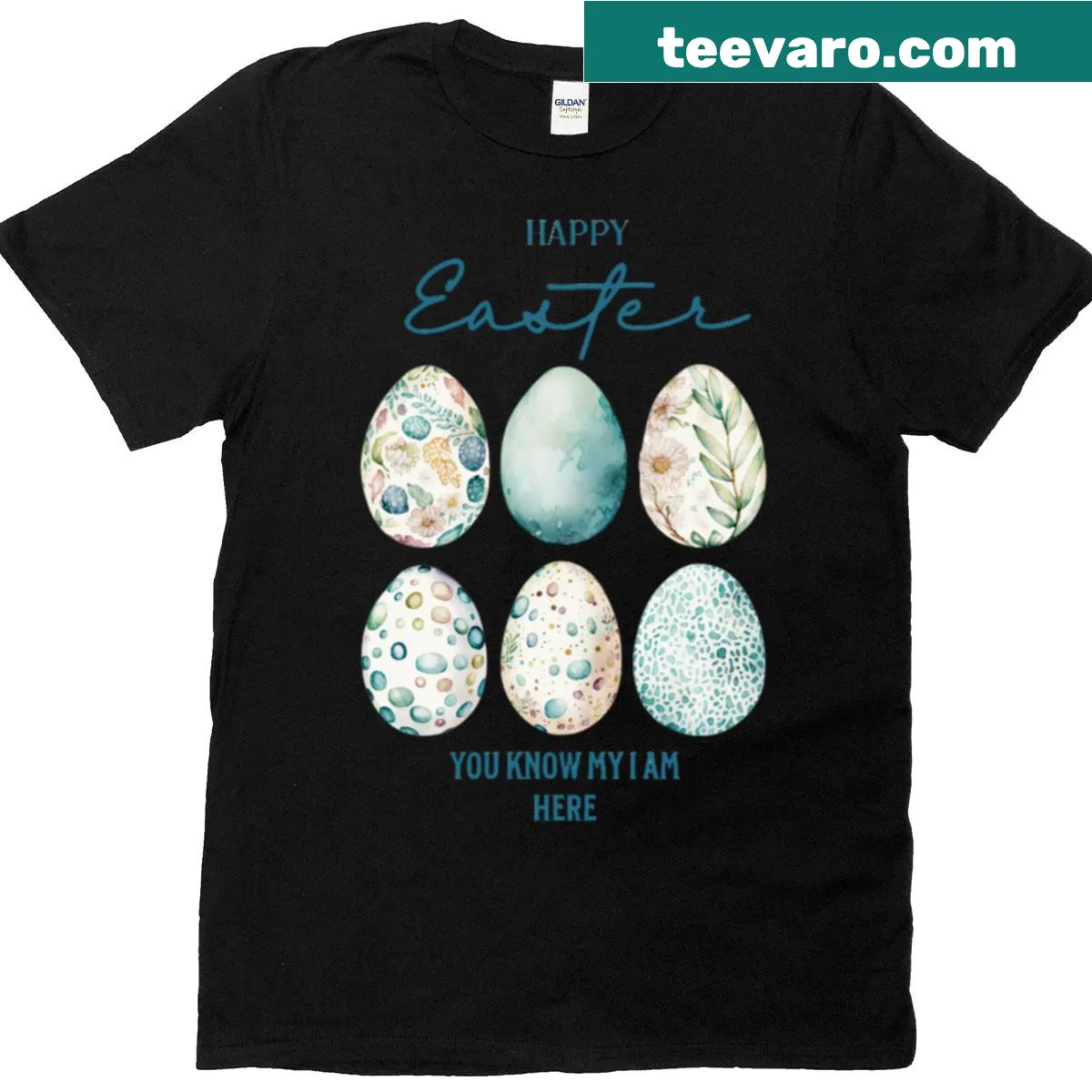 T-shirt featuring an assortment of decorated Easter eggs — on a men's t-shirt