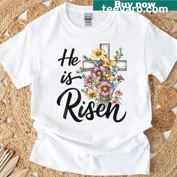 Floral cross design with the words He Is Risen