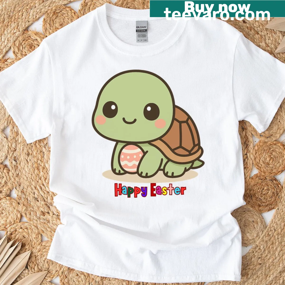 Kawaii baby turtle holding an Easter egg on a t-shirt — on a men's t-shirt