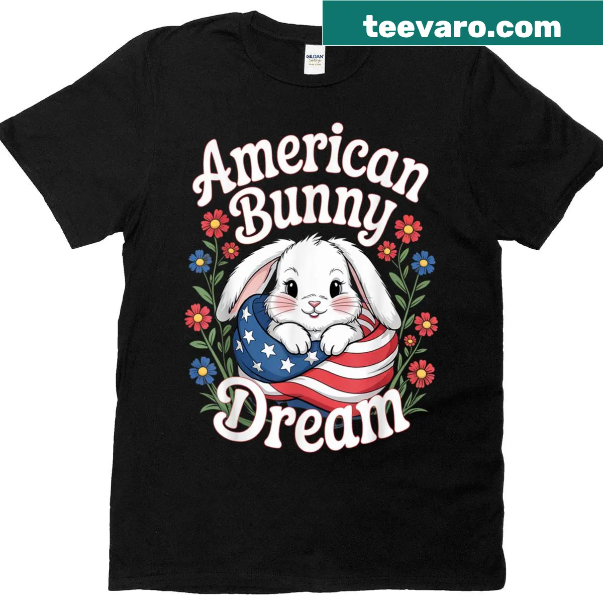 T-shirt featuring a bunny with USA flag and Easter eggs — on a men's t-shirt