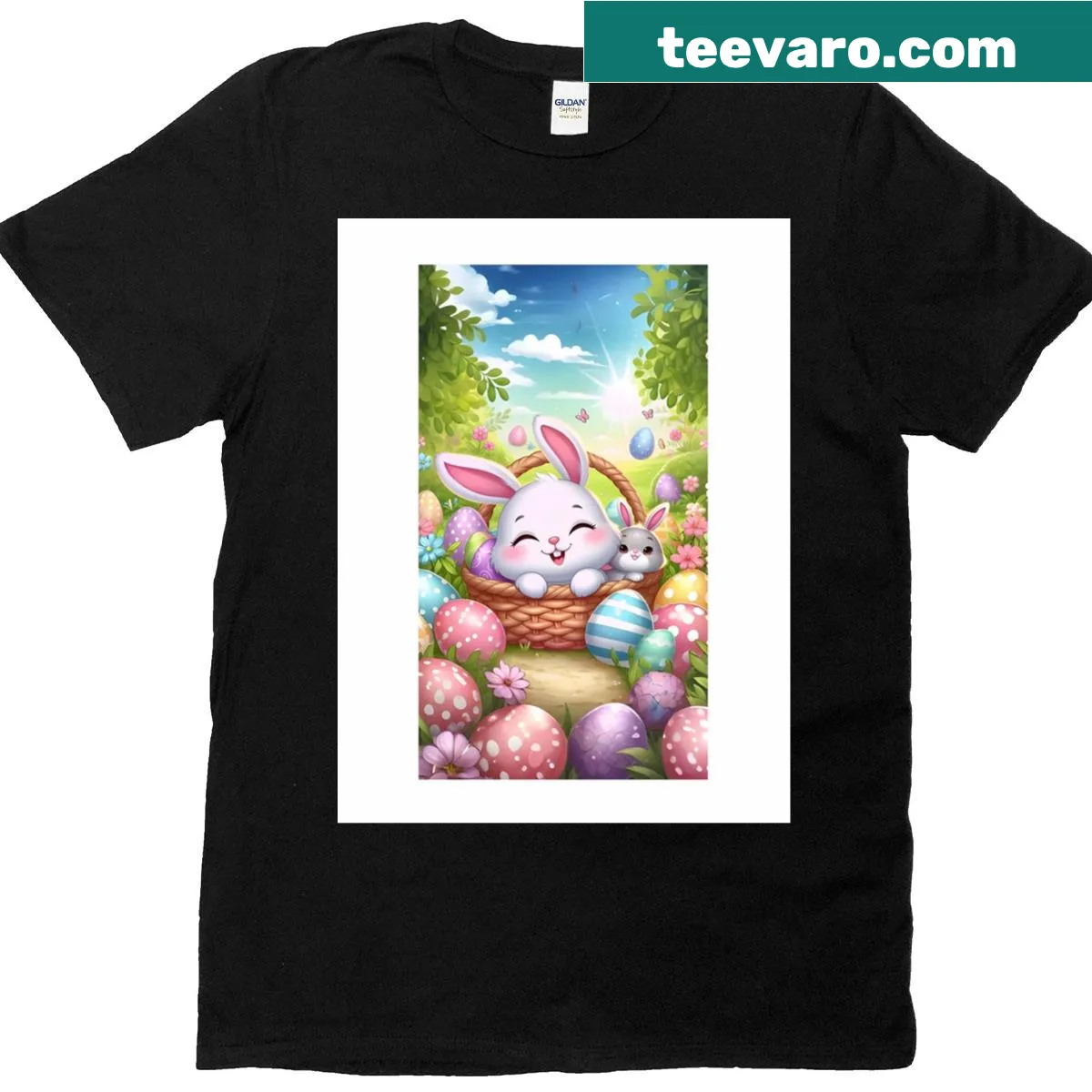 Illustration of rabbits in a basket with Easter eggs for kids. — on a men's t-shirt