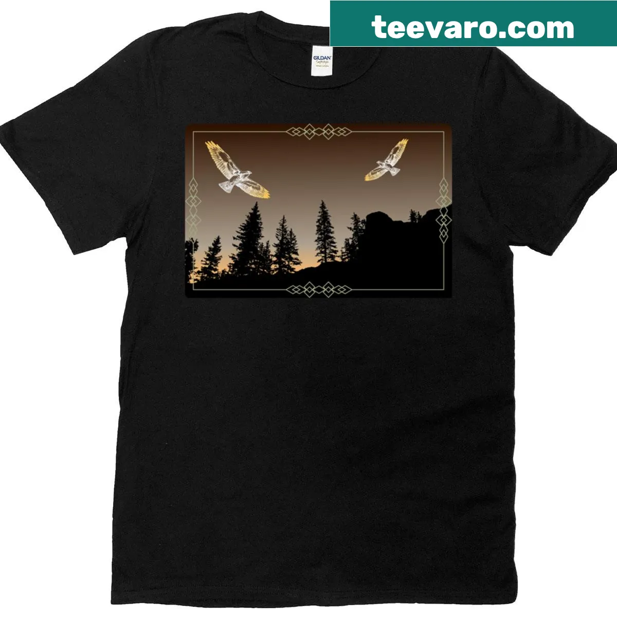 T-shirt with a hawks and mountain landscape graphic — on a men's t-shirt