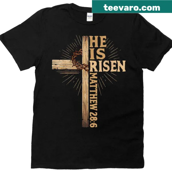 Vintage-style T-shirt with distressed cross and 'He Is Risen' graphic.
