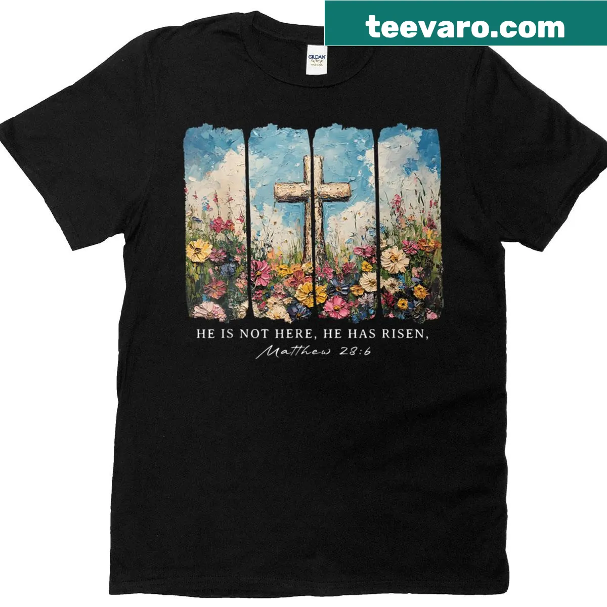 Wildflower design with 'He Is Risen' text for Easter — on a men's t-shirt