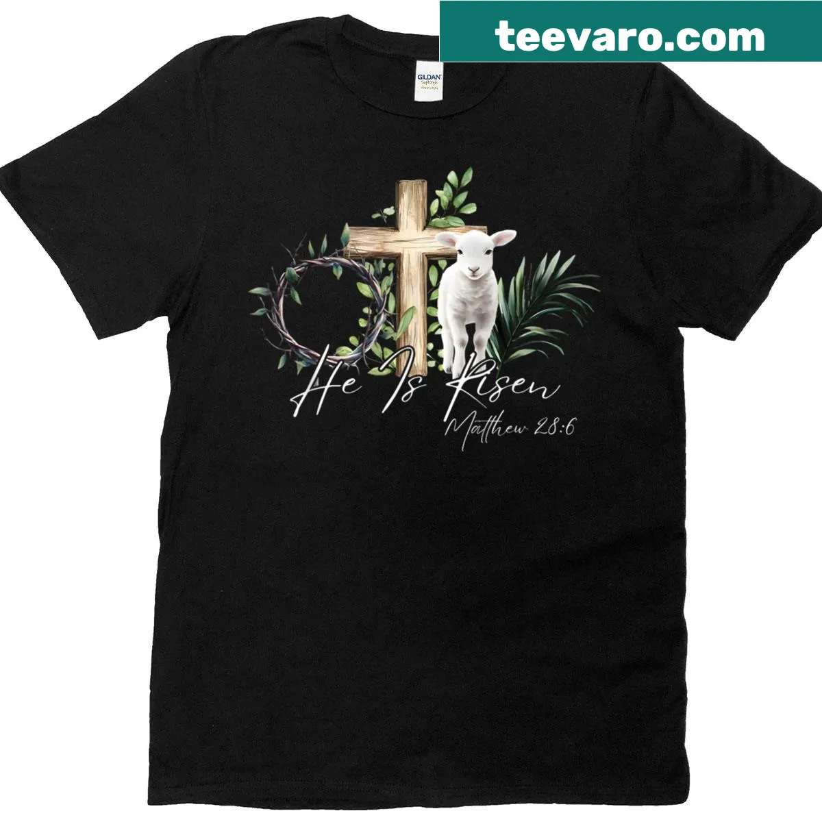 Funny Easter T-shirt with 'He Is Risen' text — on a men's t-shirt