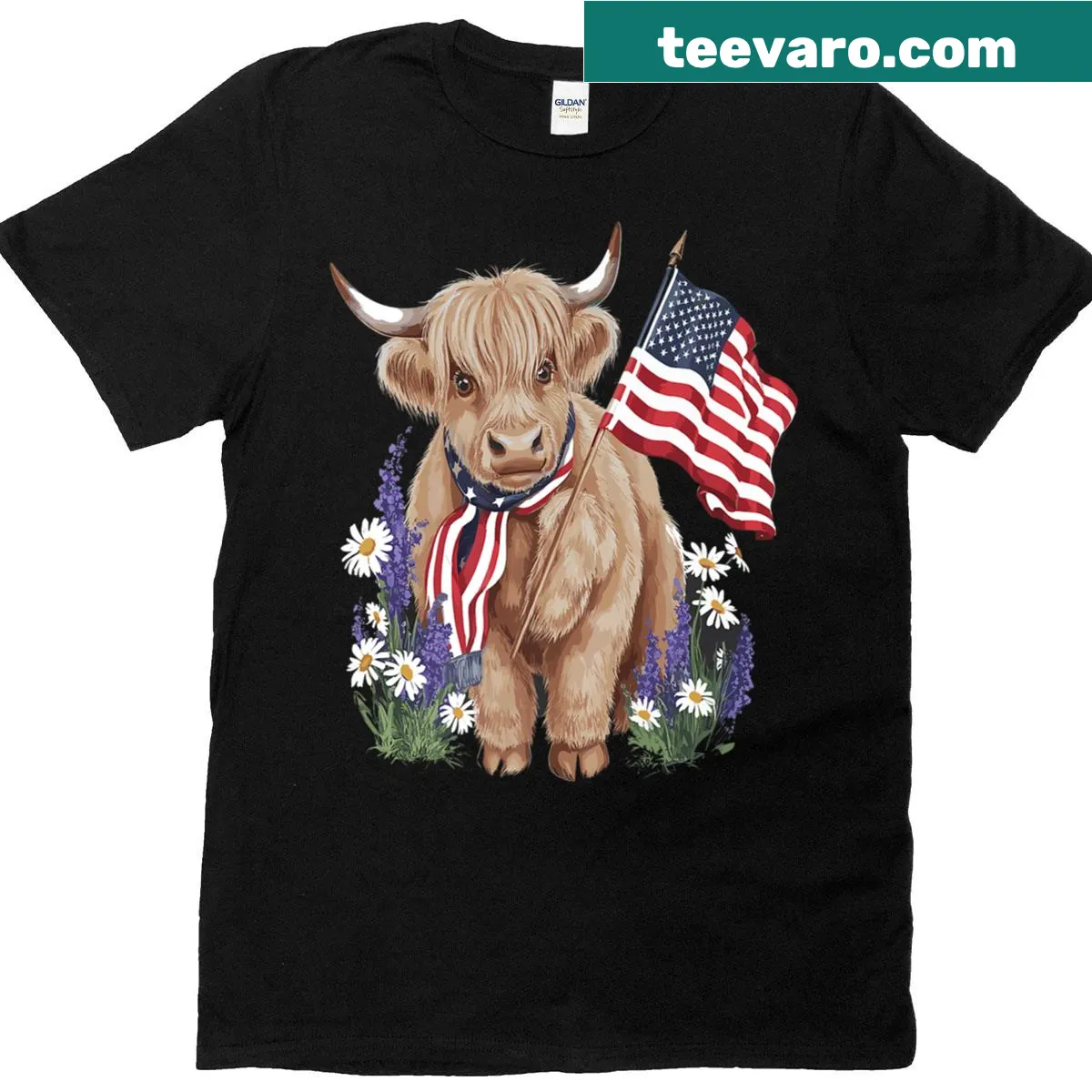 Patriotic Highland cow with floral elements and USA flag — on a men's t-shirt