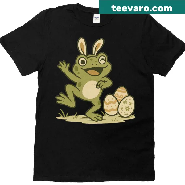 Playful cartoon frog dancing on Hoppy Frog Dance t-shirt