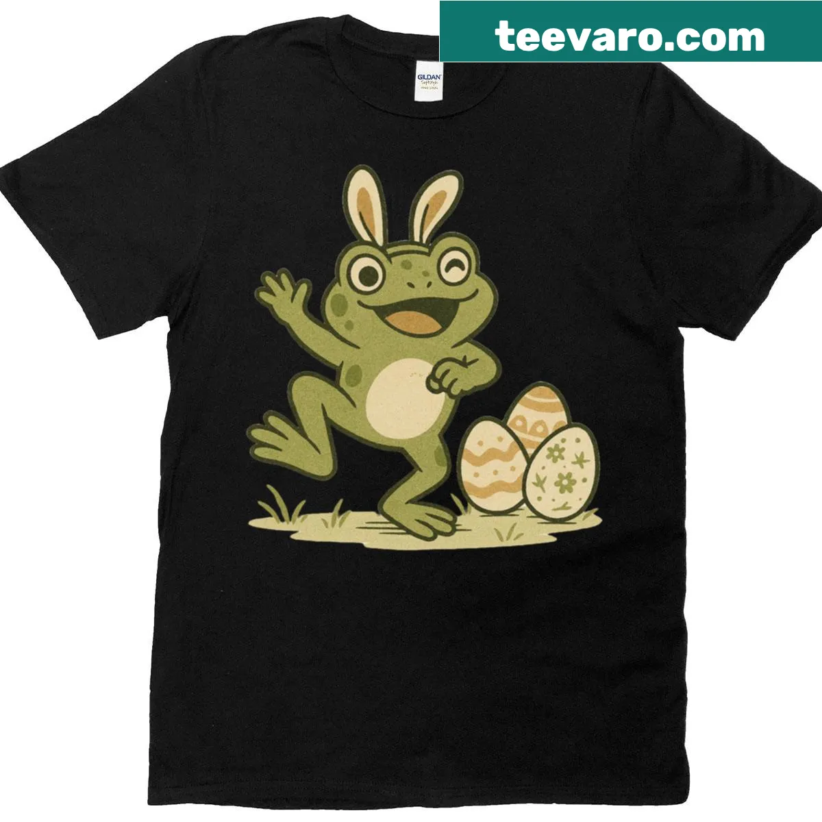 Playful cartoon frog dancing on Hoppy Frog Dance t-shirt — on a men's t-shirt