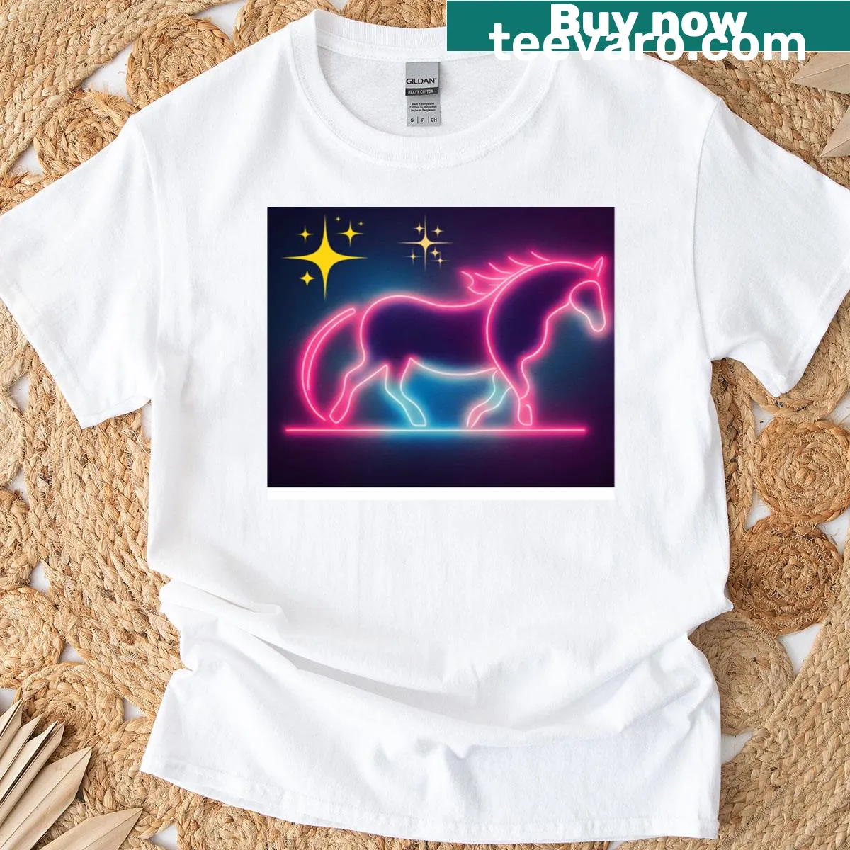 Graphic T-shirt featuring a glowing horse illustration — on a men's t-shirt
