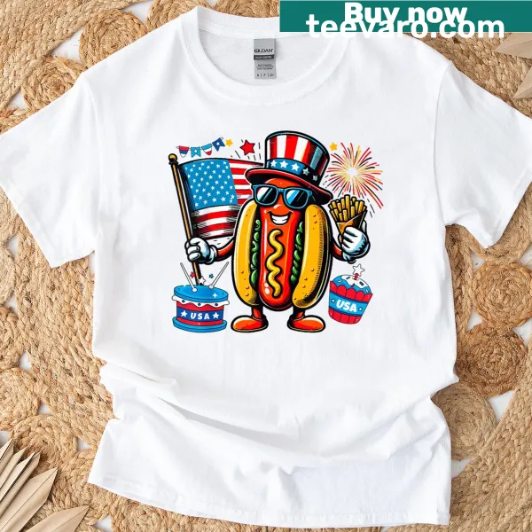 Funny hotdog in sunglasses with fireworks for Fourth of July t-shirt