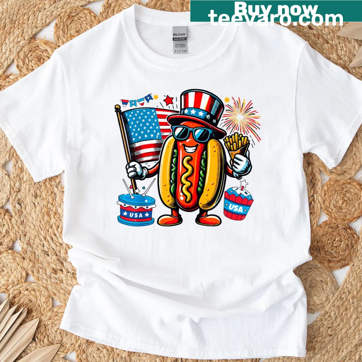 Funny hotdog in sunglasses with fireworks for Fourth of July t-shirt — on a men's t-shirt