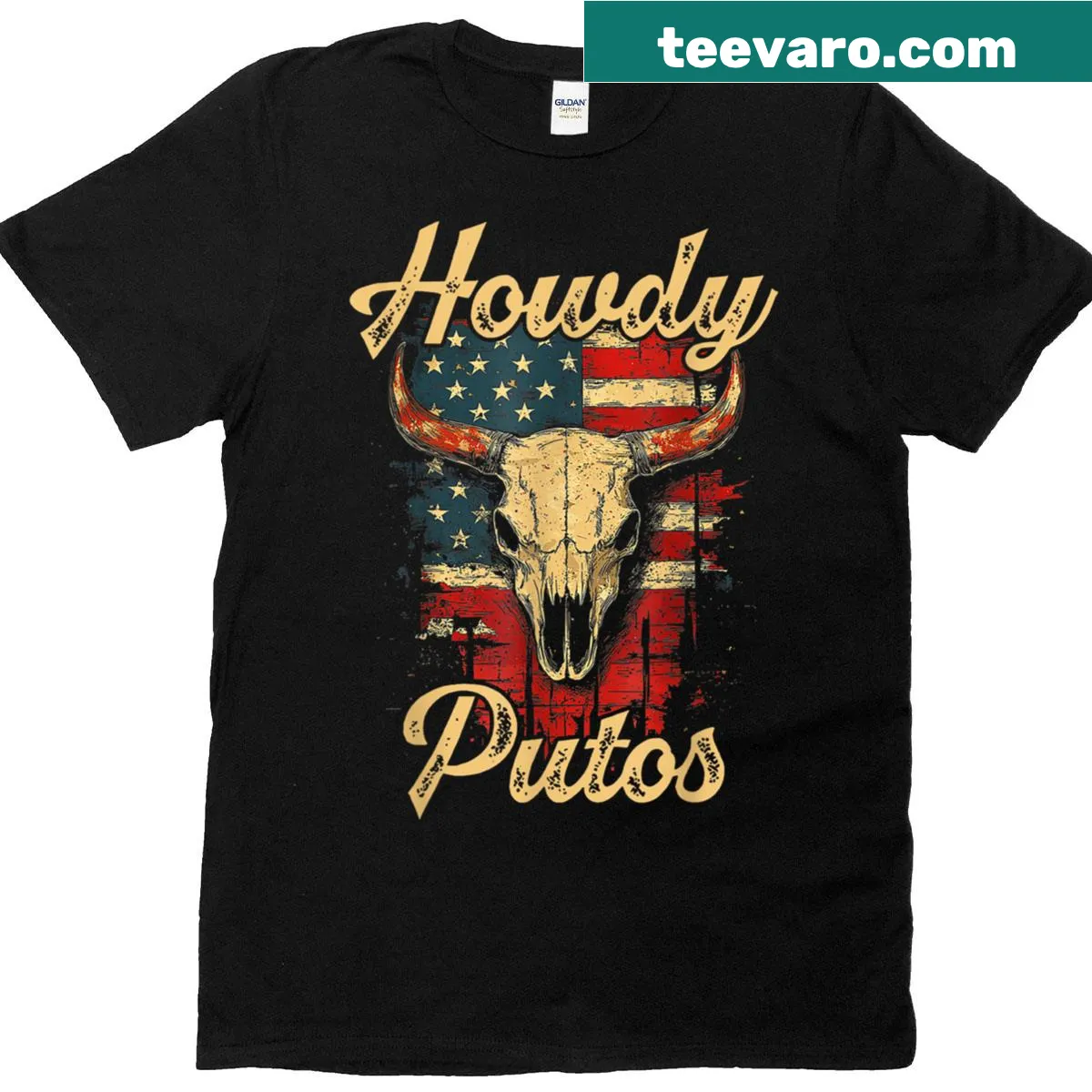 Bull skull design with American flag elements on T-shirt — on a men's t-shirt