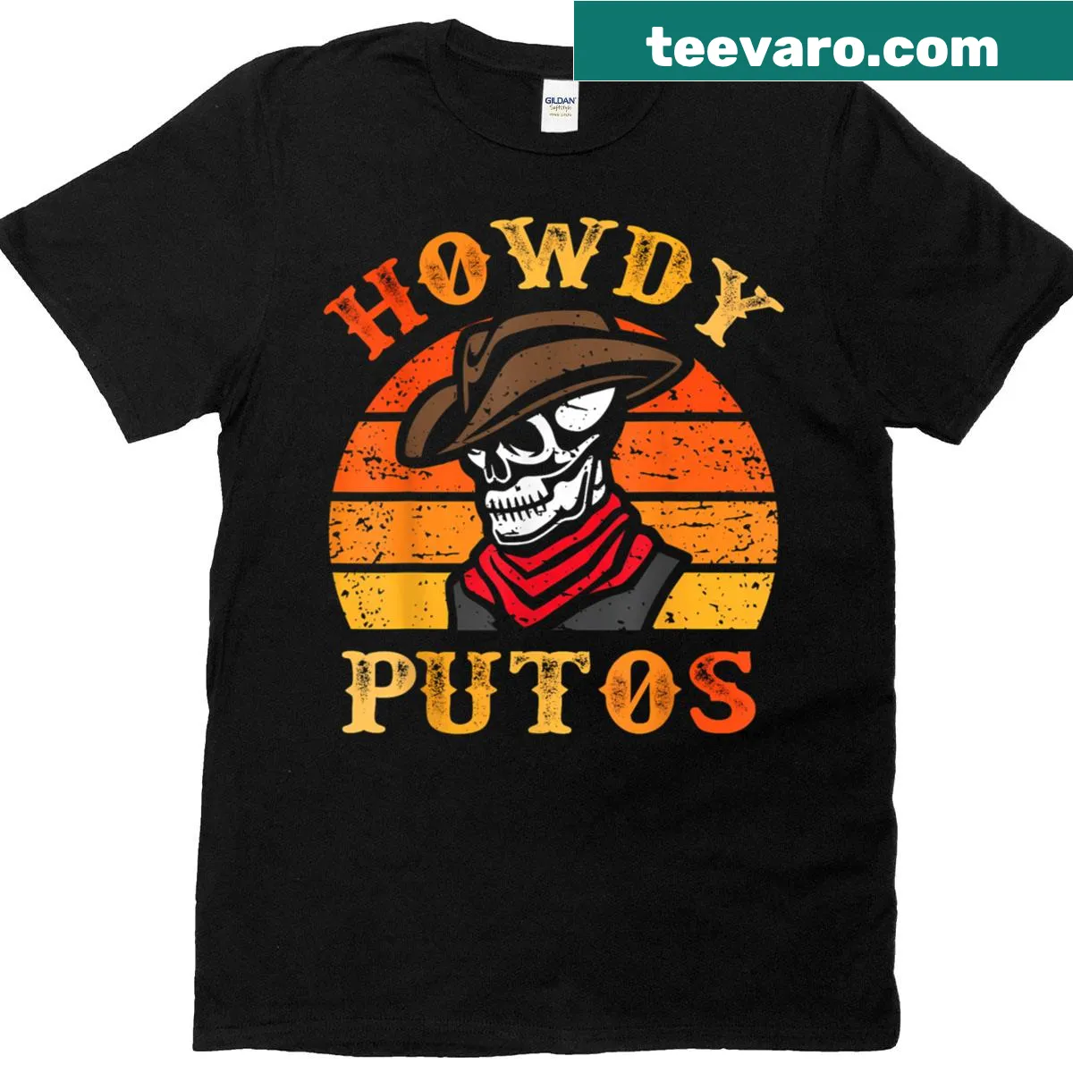 Funny retro skull graphic on a cowboy-themed t-shirt — on a men's t-shirt