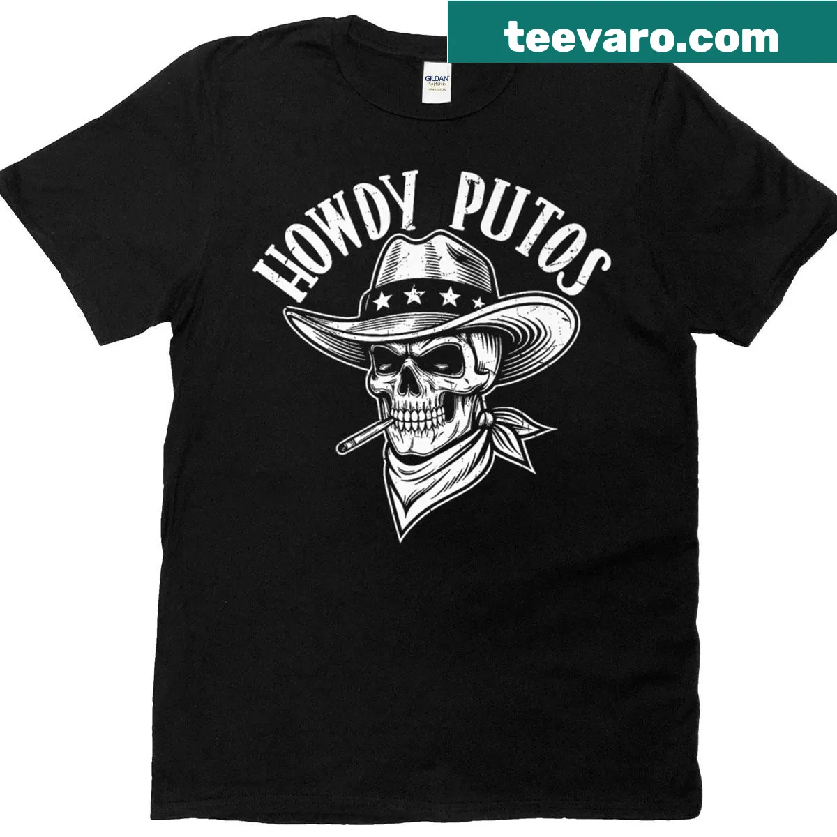 Skull with cowboy hat and bandana graphic on a t-shirt — on a men's t-shirt