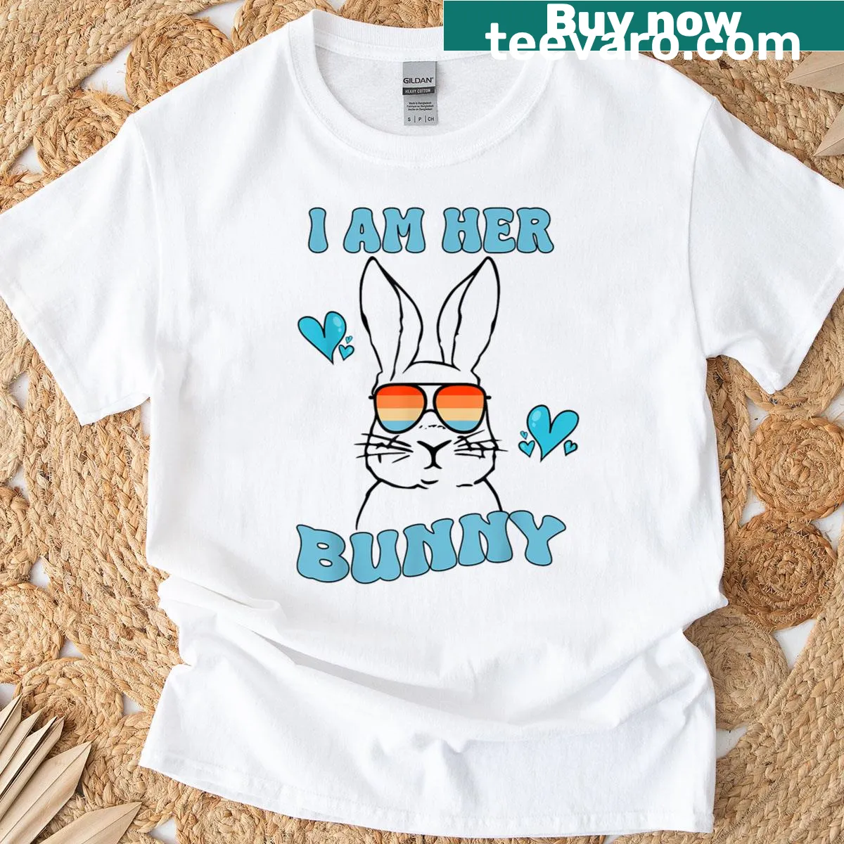 Couple matching Easter t-shirt with 'I Am Her Bunny' text — on a men's t-shirt