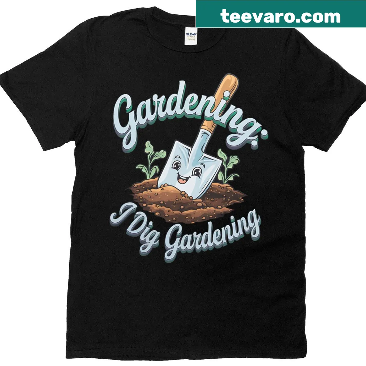 I Dig Gardening T-shirt featuring gardening-themed illustrations — on a men's t-shirt