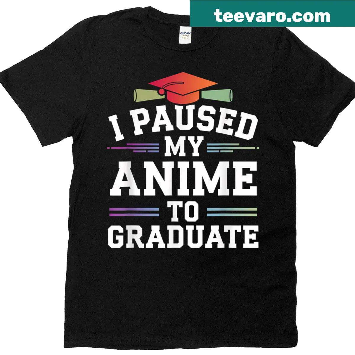Graduation T-shirt with humorous text about pausing anime for graduation — on a men's t-shirt