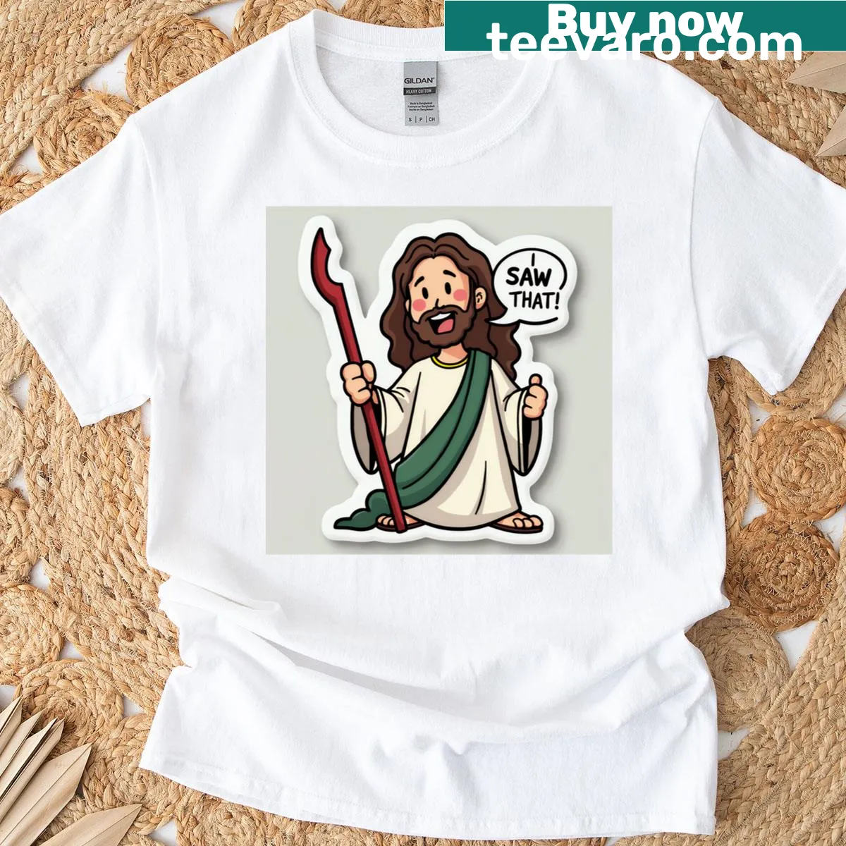 Playful typography design featuring a humorous phrase about Jesus — on a men's t-shirt