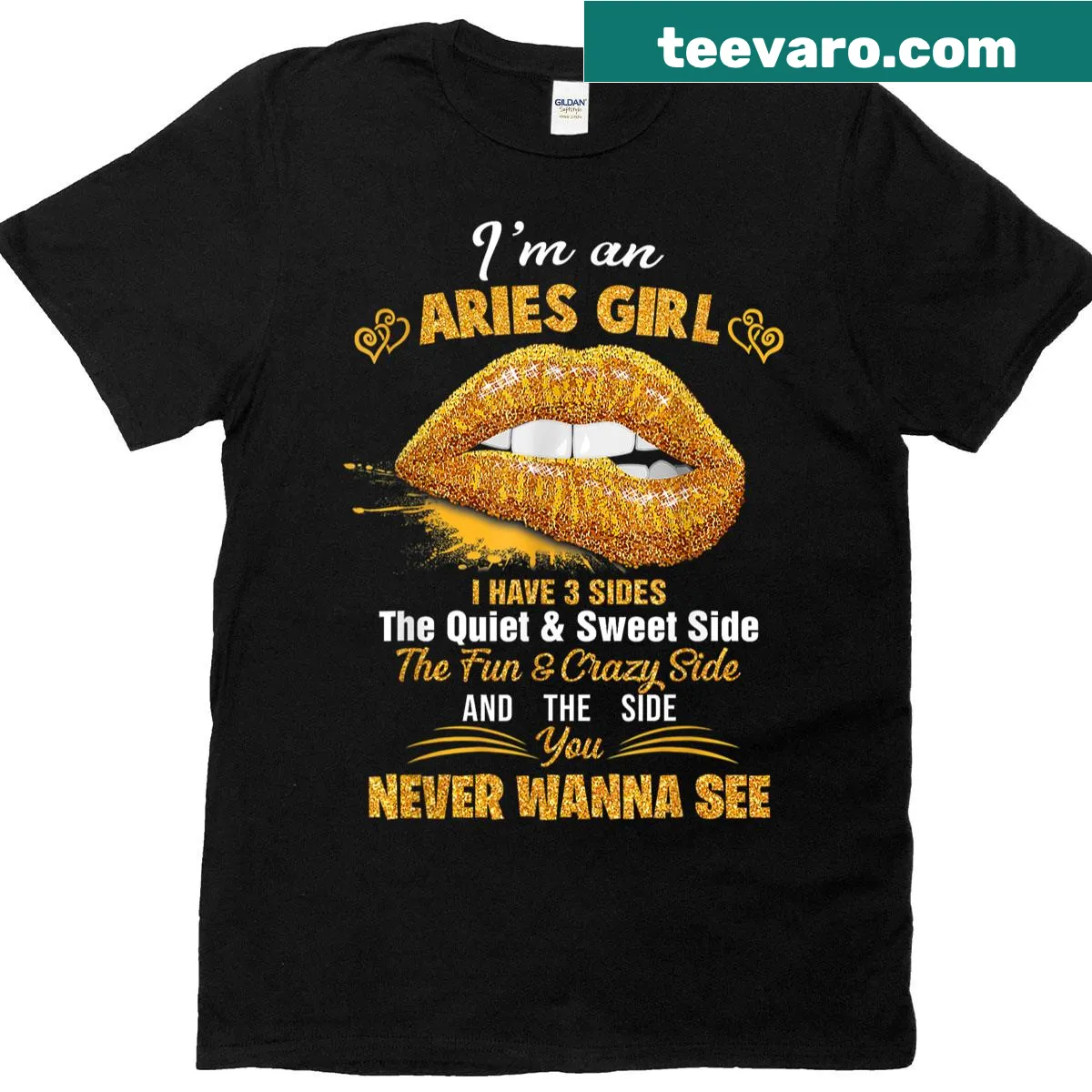 Illustrative T-shirt highlighting the three sides of an Aries girl — on a men's t-shirt