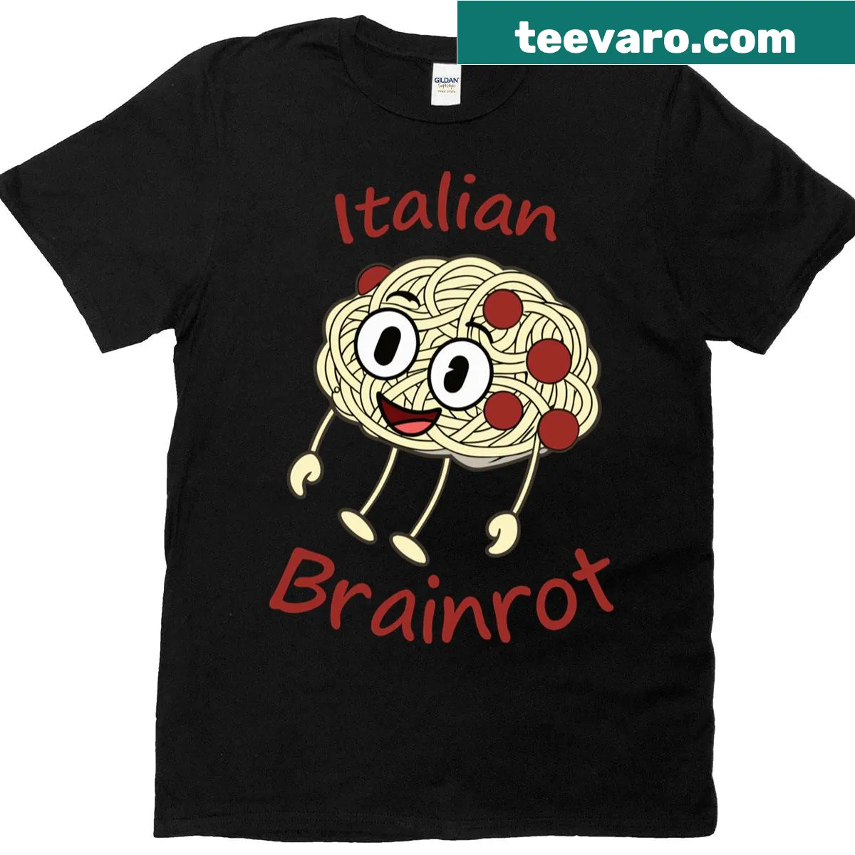 Playful T-shirt with spaghetti brain character design — on a men's t-shirt