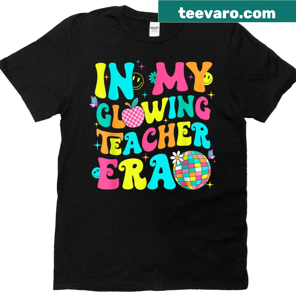 Funny teacher T-shirt with 'In My Glowing Teacher Era' text — on a men's t-shirt