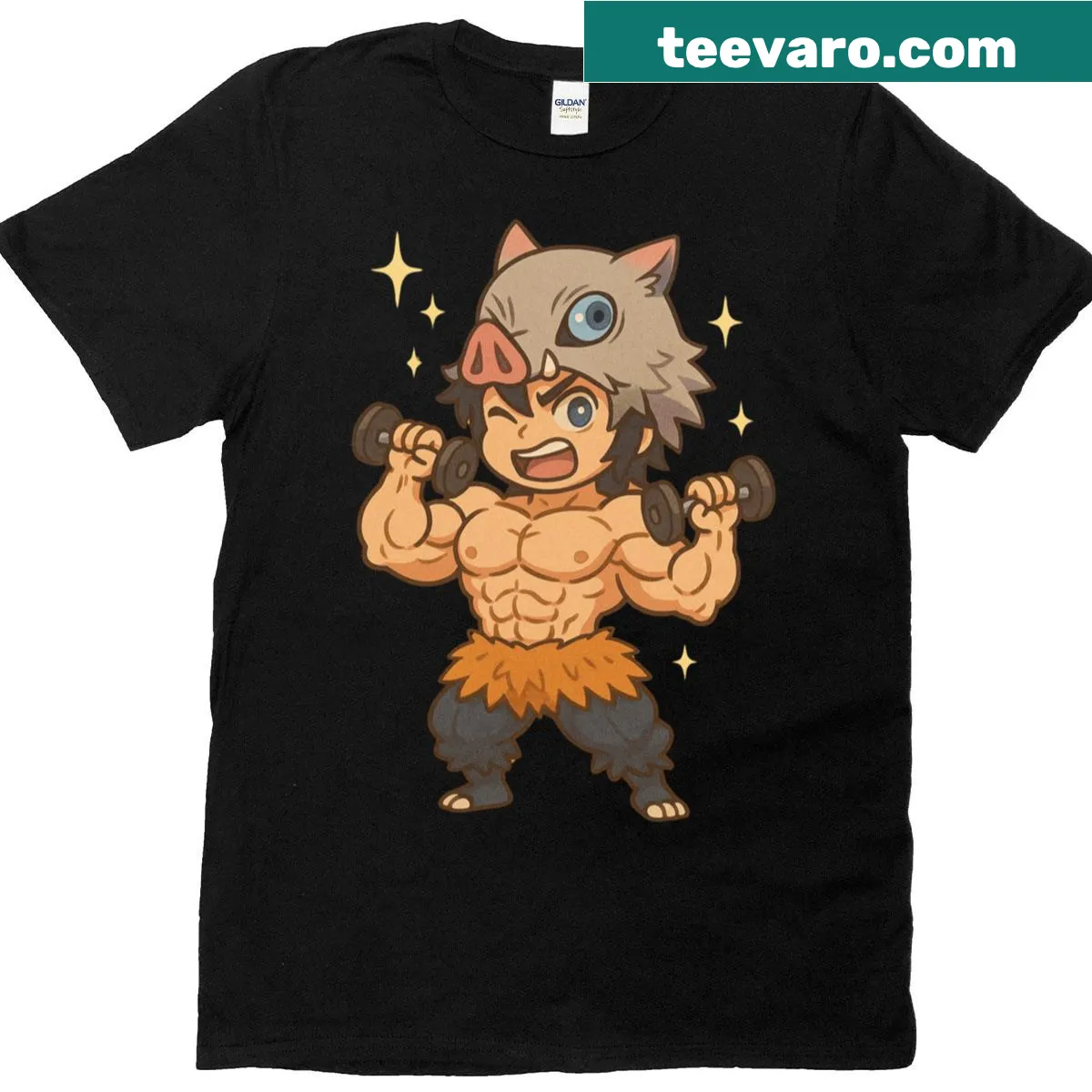 Chibi Inosuke lifting dumbbells graphic T-shirt — on a men's t-shirt