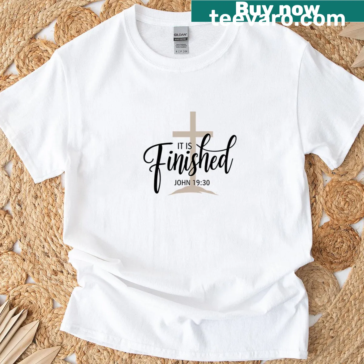 Inspirational T-shirt with the phrase 'It Is Finished' from John 19:30 — on a men's t-shirt