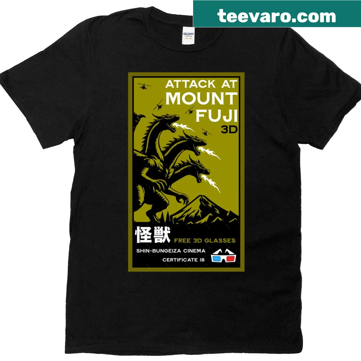 Kaiju attack themed t-shirt featuring Mount Fuji — on a men's t-shirt