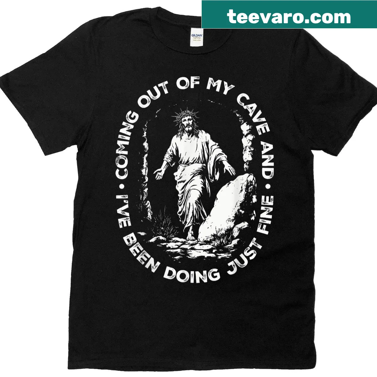 Playful text graphic of Jesus coming out of a cave on a t-shirt — on a men's t-shirt