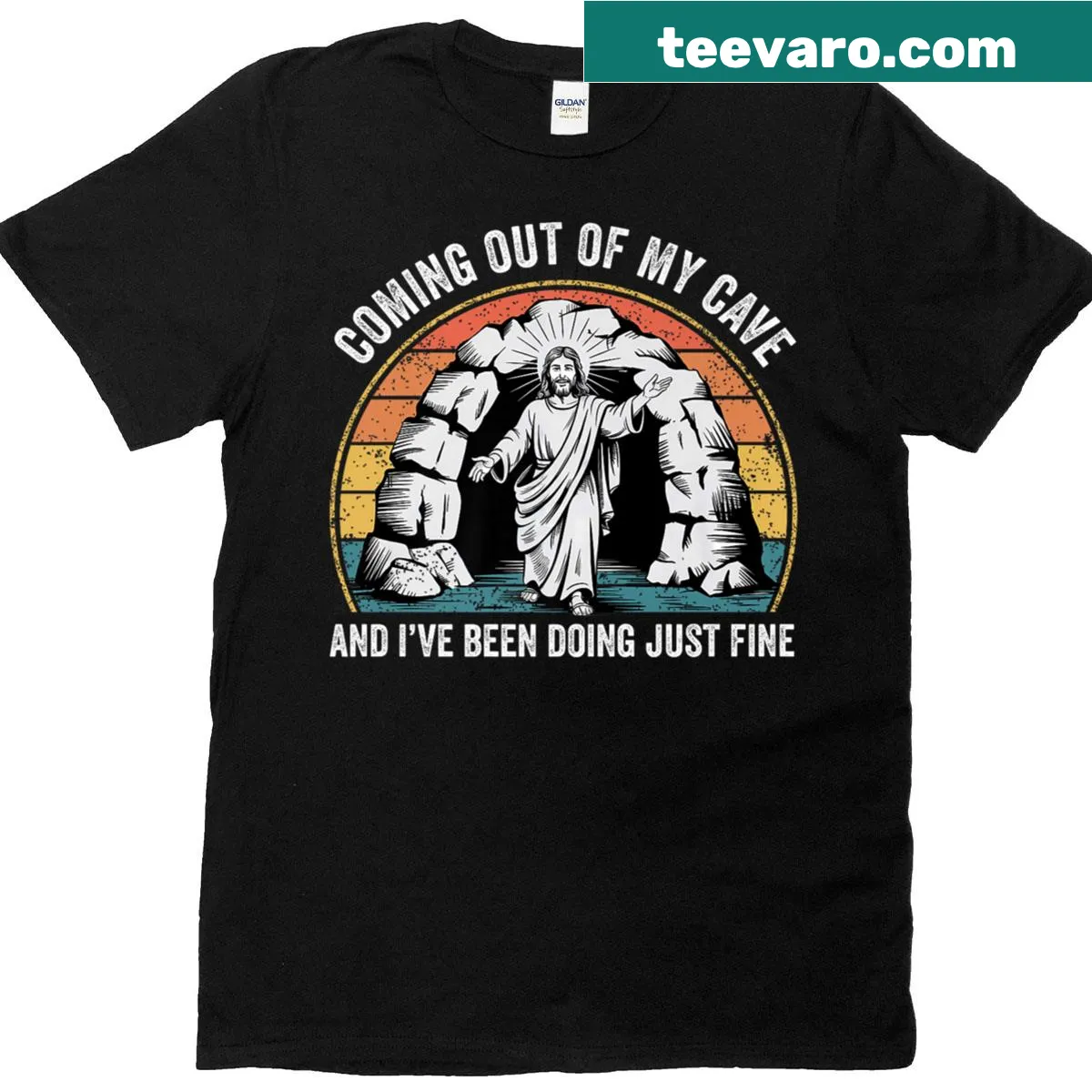 Funny retro graphic of Jesus coming out of a cave on a t-shirt — on a men's t-shirt