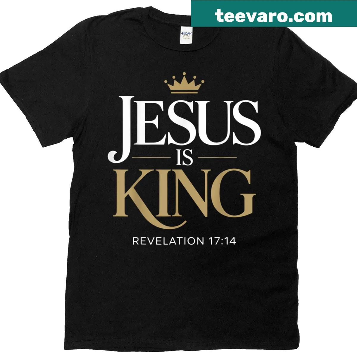 Text graphic of 'Jesus Is King' on a t-shirt — on a men's t-shirt