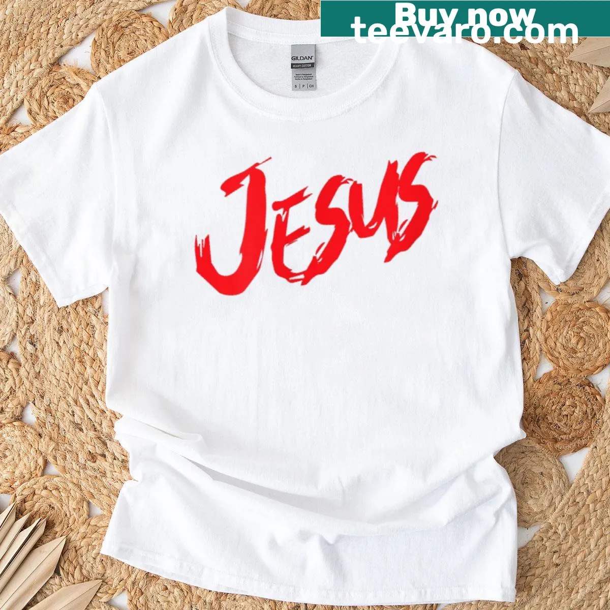 Simple faith-themed t-shirt with the name Jesus. — on a men's t-shirt
