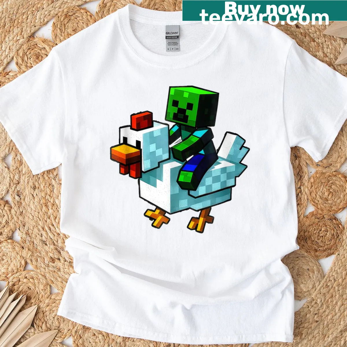 Pixel art t-shirt with a humorous chicken and zombie theme for kids. — on a men's t-shirt