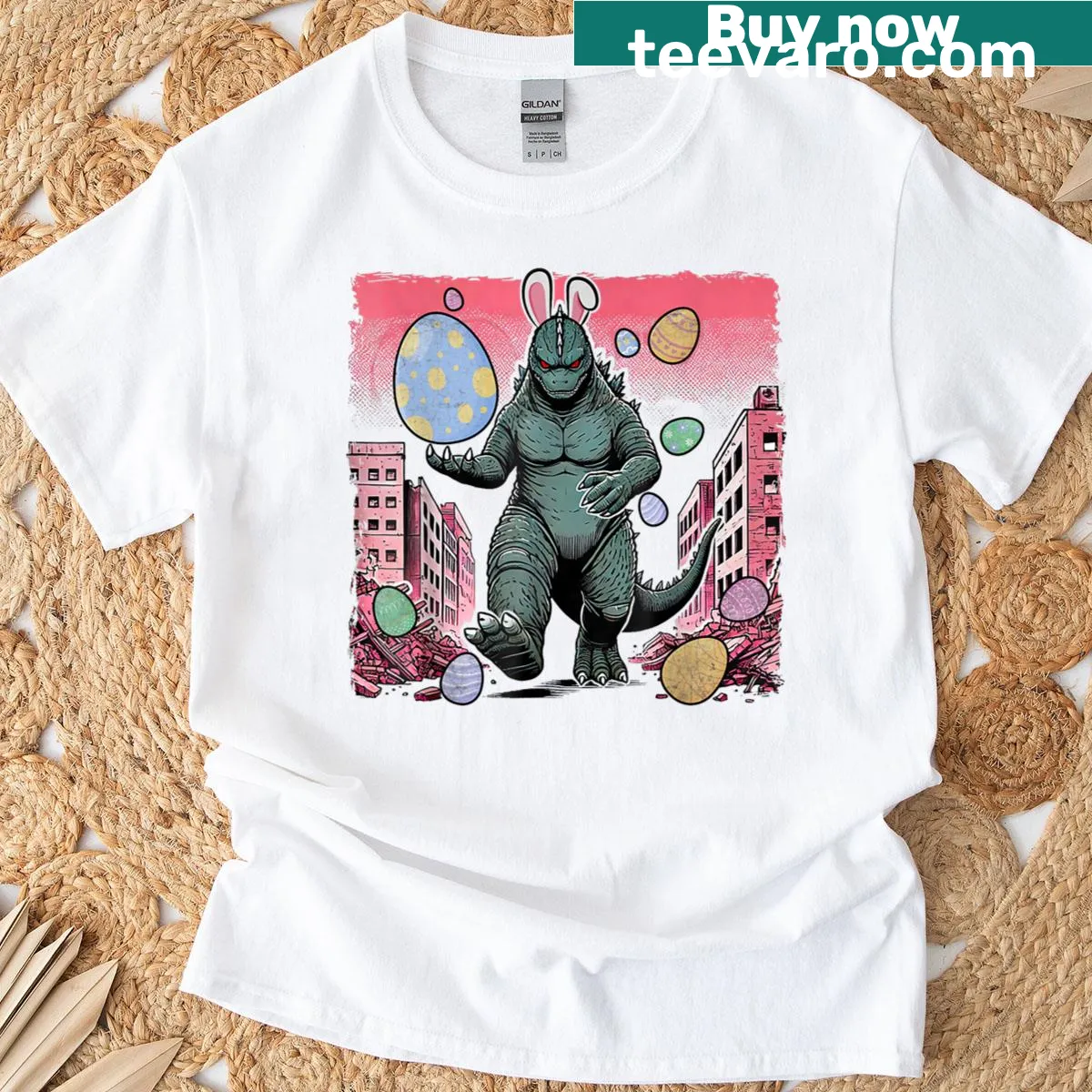 Kids t-shirt with cartoon kaiju monsters and colorful Easter eggs — on a men's t-shirt