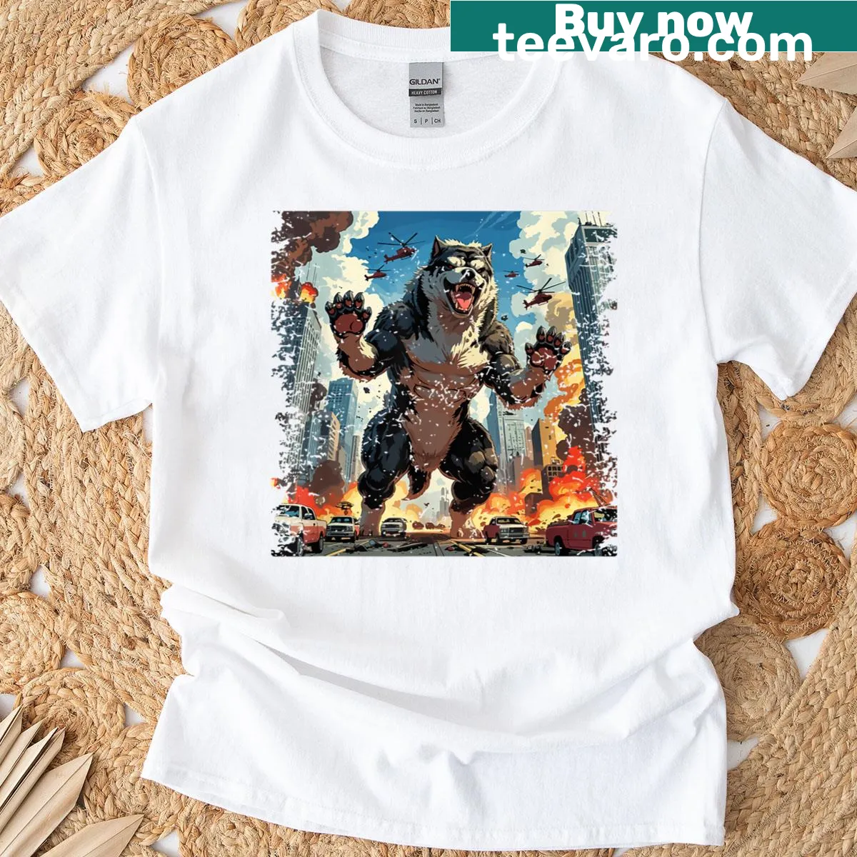 Anime-inspired T-shirt with a kaiju monster and a dog illustration — on a men's t-shirt