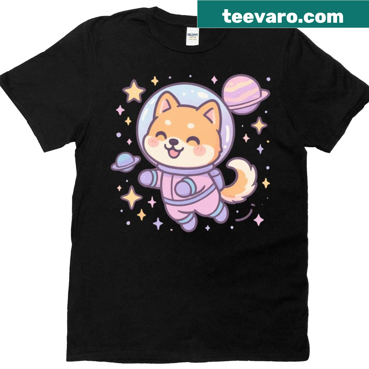 Chibi Shiba Inu in space graphic T-shirt — on a men's t-shirt