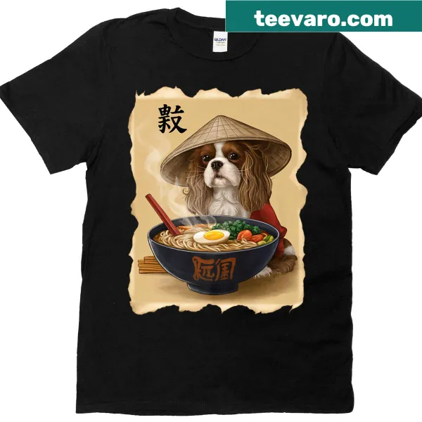 Cartoon design of a Cavalier King Charles Spaniel eating ramen on a T-shirt