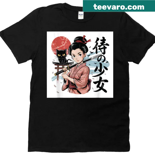 Kawaii samurai girl with katana and cat design on a T-shirt
