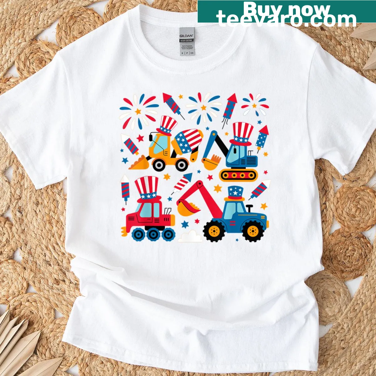 Cute toddler patriotic t-shirt with construction trucks for kids — on a men's t-shirt