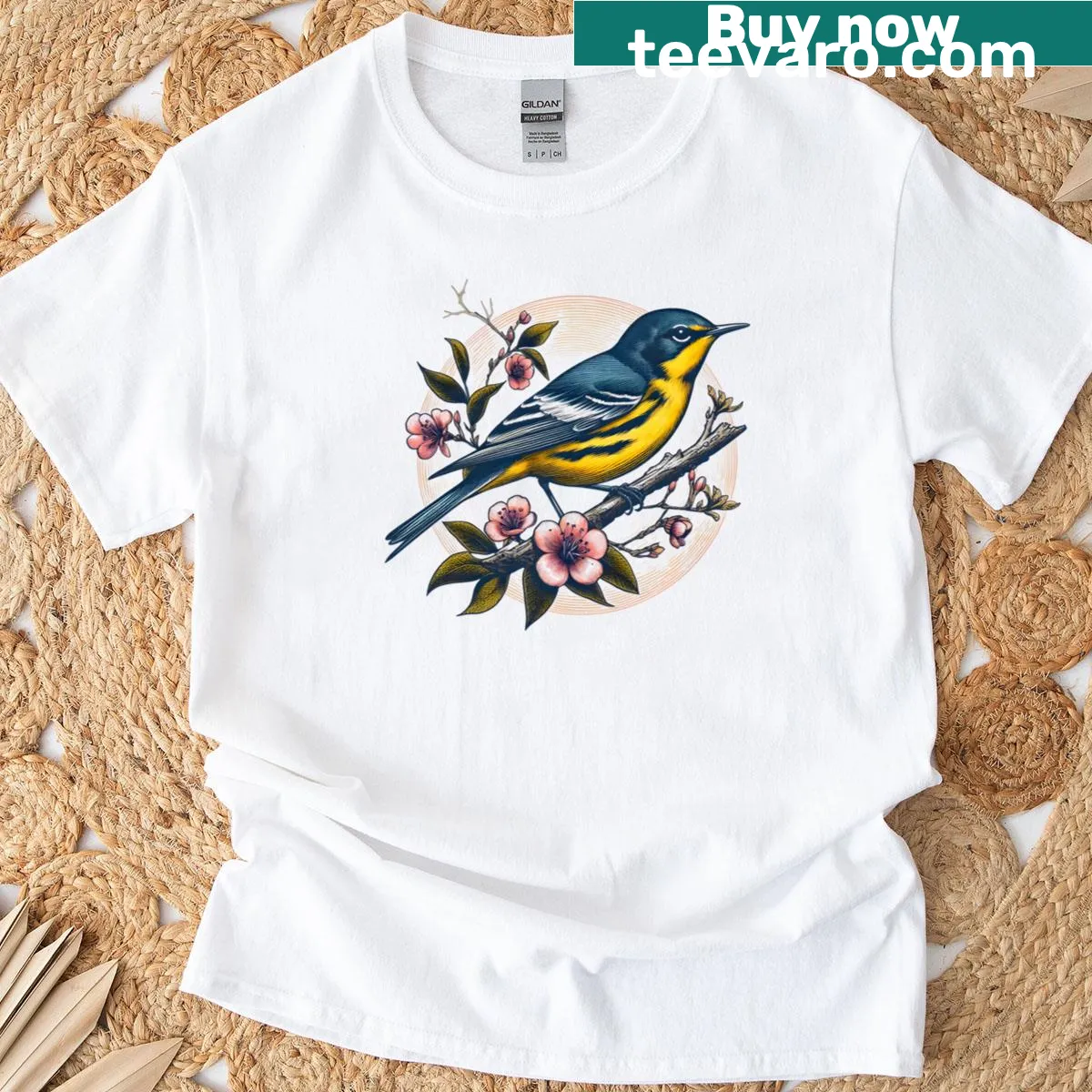 Illustration of the Kirtlands Warbler on a nature-themed T-shirt — on a men's t-shirt