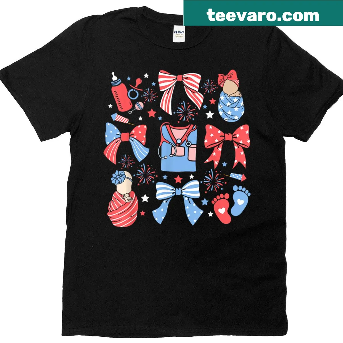 Patriotic t-shirt for nurses with LD Nurse and coquette bow graphic — on a men's t-shirt