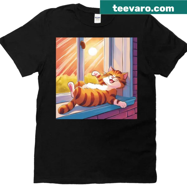 Cute illustration of a laughing cat on a windowsill t-shirt