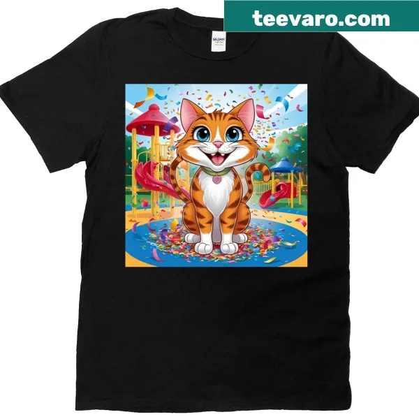 Cartoon laughing cat graphic on a glitter-themed t-shirt