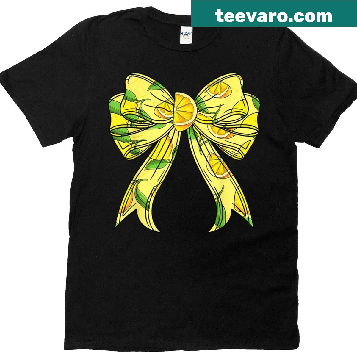 Whimsical lemon design T-shirt with bow illustration — on a men's t-shirt