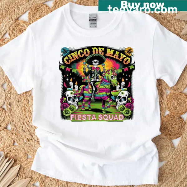 Fun t-shirt featuring taco, pinata, and sugar skull illustrations
