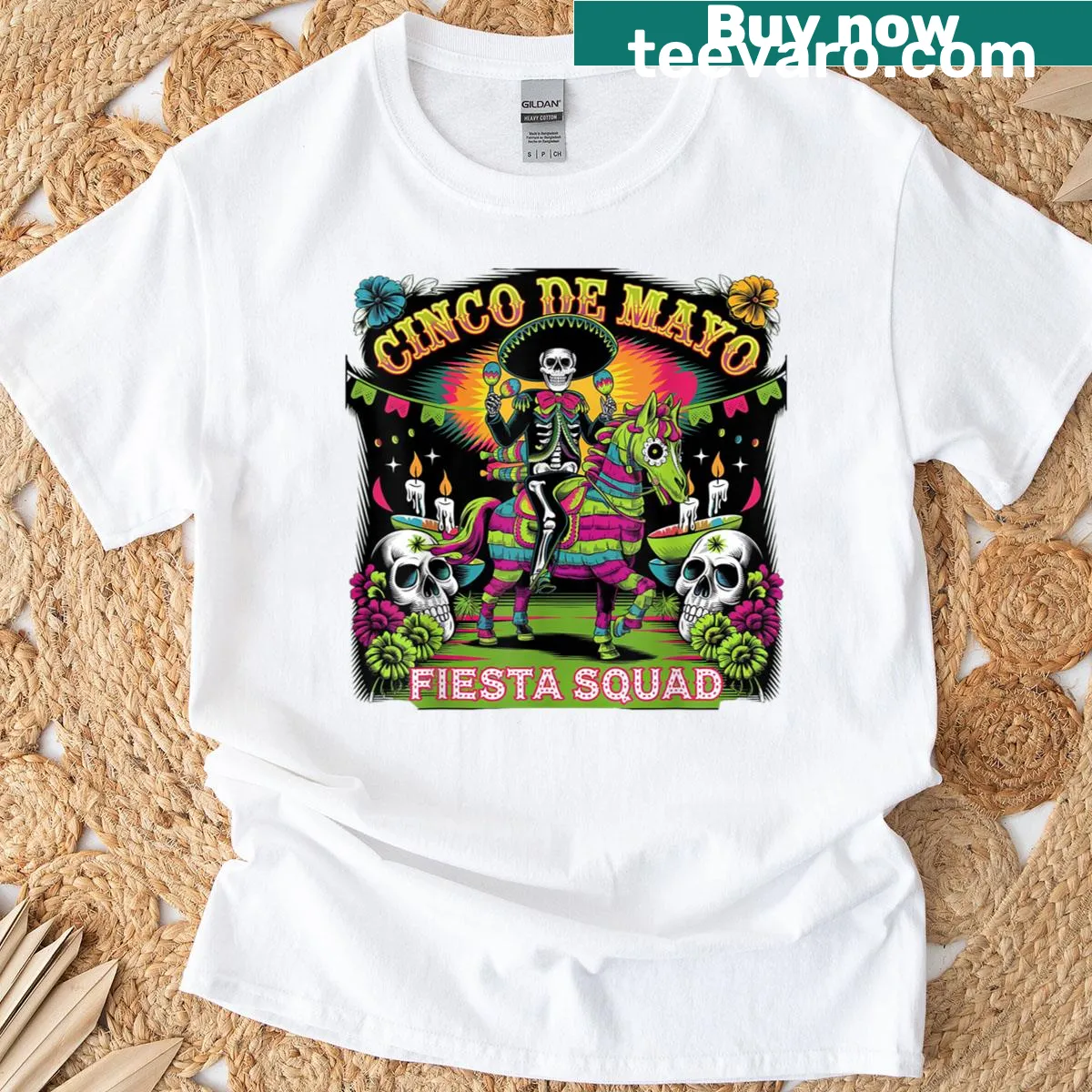 Fun t-shirt featuring taco, pinata, and sugar skull illustrations — on a men's t-shirt